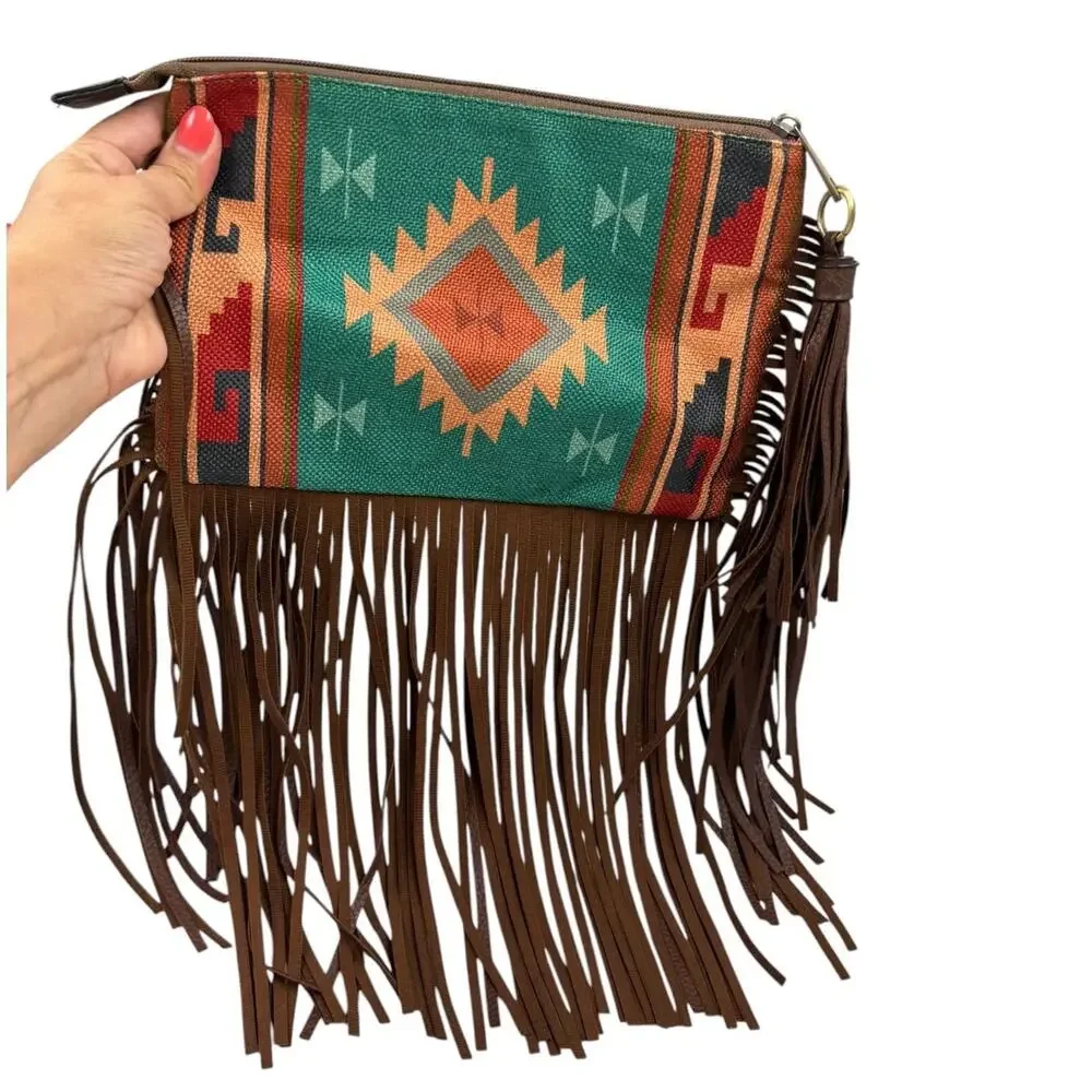 Aztec Geometric Woven Canvas Fringe Clutch Bag Southwest Festival Western Boho